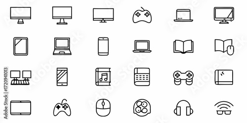 Modern technology icons for digital communication, gaming, education, and entertainment, perfect for web design and user interface elements