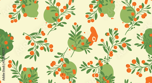 A charming pattern of stylized green bushes with bright orange berries and delicate branches creating a delightful botanical arrangement on a light cream background.  