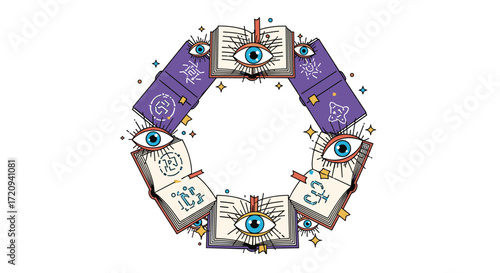 An illustrated mystical circular arrangement of open books featuring an eye symbol surrounded by stars and sparkles.