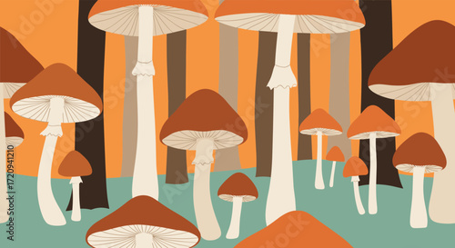 A whimsical forest filled with numerous colorful mushrooms of various sizes.