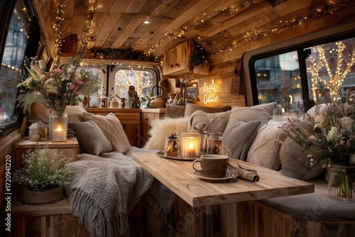 Cozy Camper Van Interior with Warm Lighting and Festive Decor