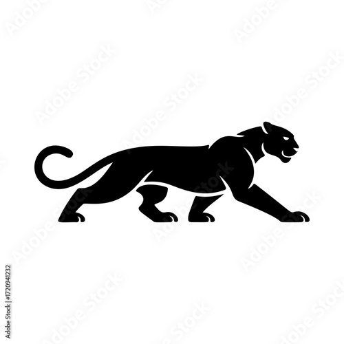Illustration of a panther or cougar in a walking stance isolated on white background. Design element for emblem, sign, poster, badge. Vector illustration