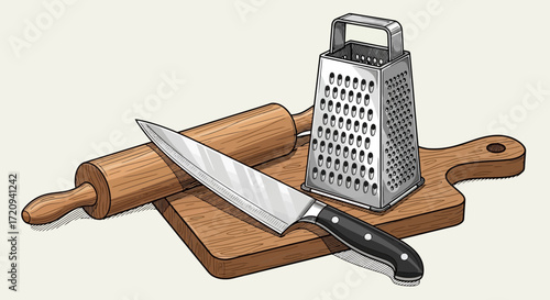 Kitchen Utensils: Knife, Rolling Pin, Grater, and Cutting Board.