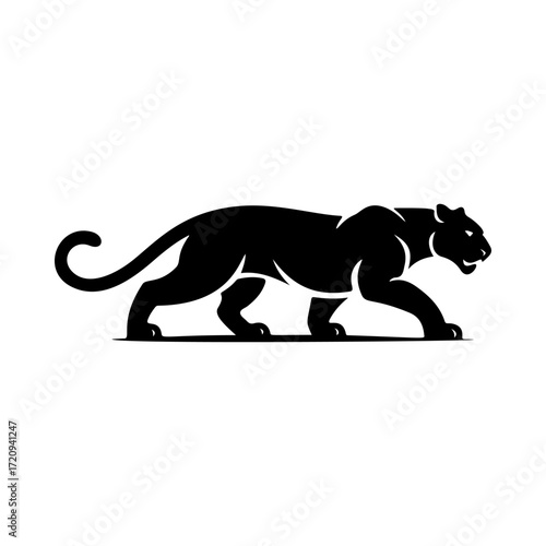 Illustration of a panther or cougar in a walking stance isolated on white background. Design element for emblem, sign, poster, badge. Vector illustration