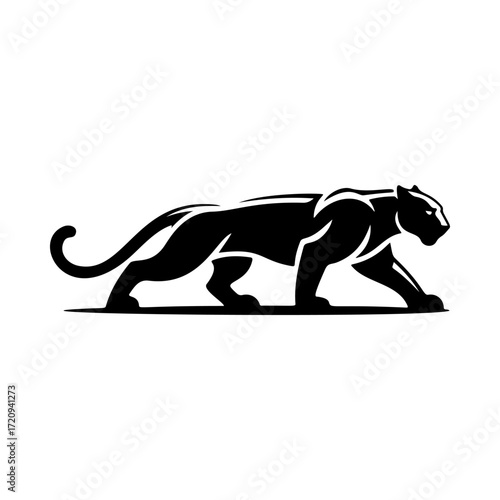 Illustration of a panther or cougar in a walking stance isolated on white background. Design element for emblem, sign, poster, badge. Vector illustration