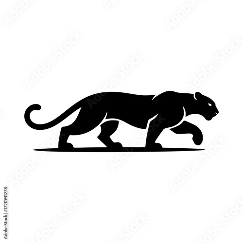 Illustration of a panther or cougar in a walking stance isolated on white background. Design element for emblem, sign, poster, badge. Vector illustration