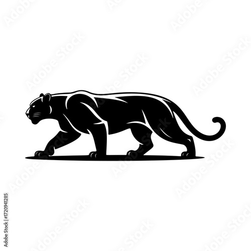 Illustration of a panther or cougar in a walking stance isolated on white background. Design element for emblem, sign, poster, badge. Vector illustration