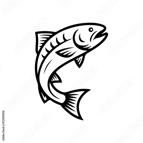 Illustration of a salmon isolated on white background. Design element for emblem, sign, poster, badge. Vector illustration