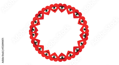A circular pattern of red hearts with eyes inside them forming a unique design.