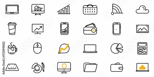 Modern business and technology icons for web design, financial charts, and office essentials offering a clean, professional visual style