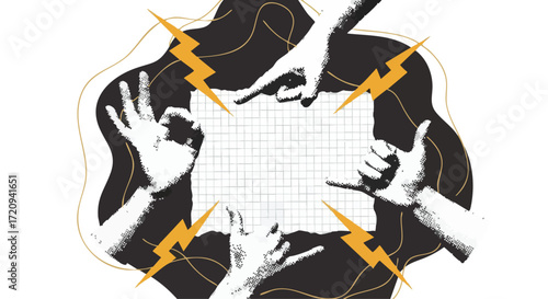 Hands surrounding a blank piece of paper with lightning bolts, symbolizing brainstorming or a creative conflict.