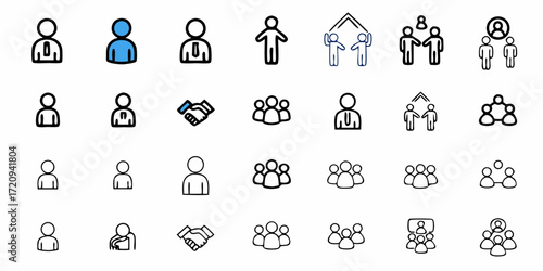 Diverse collection of business icons representing teamwork, collaboration, networking, and human resources for professional applications and projects