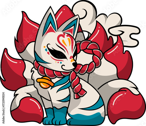 Cartoon Kitsune Fox with Nine Tails Red Rope and Colorful Markings.