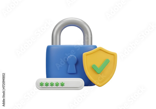 Image of super premium transparent photo of a blue padlock with a yellow shield and a green checkmark, next to a password input field with stars, isolated on transparent background