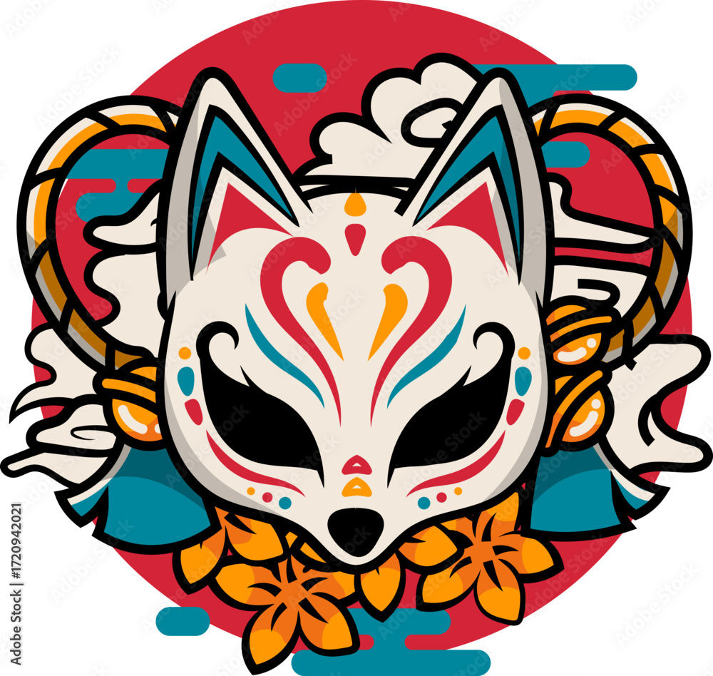 Obraz premium Stylized Kitsune Mask with Vibrant Floral and Abstract Elements.
