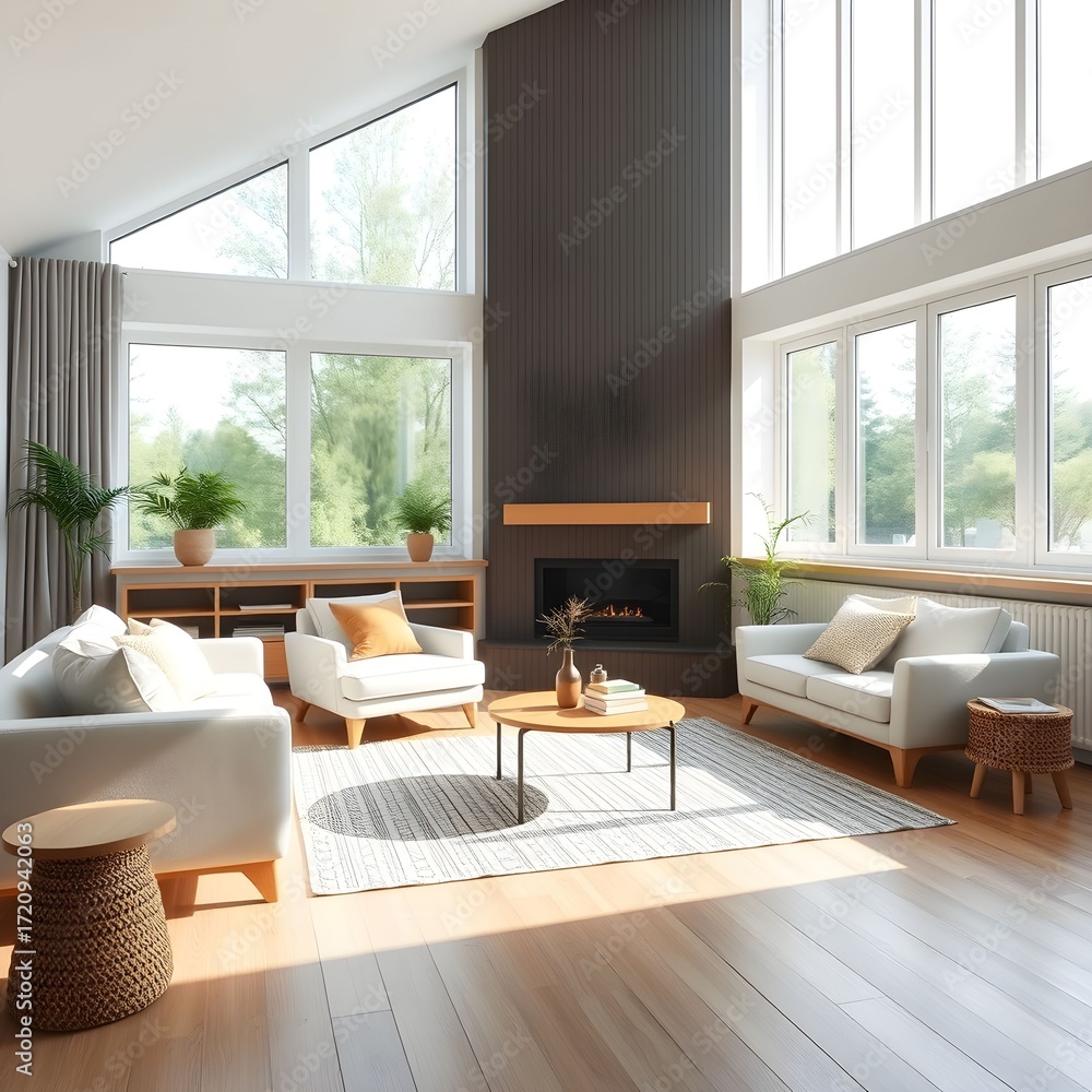 Fototapeta premium Sunlit modern living room with fireplace, large windows, and comfortable seating.