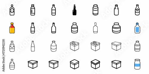 Collection of stylized bottle and box illustrations offering versatile design elements for packaging, branding, and commercial projects