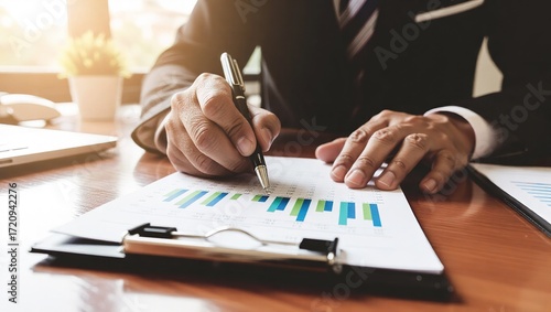 Businessman Reviewing Financial Charts with Pen