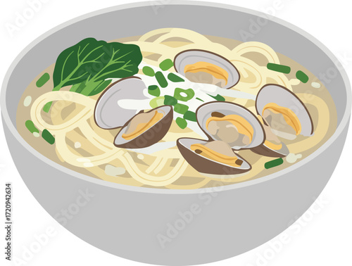 A bowl of clam noodle soup, garnished with green onions and spinach.