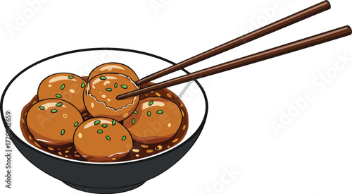 A vector illustration of a bowl of Asian braised quail eggs in a savory sauce, garnished with chives and held by chopsticks.