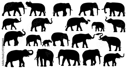 Simple Flat Black Shape Elephant Silhouette Large Set Animal Icon