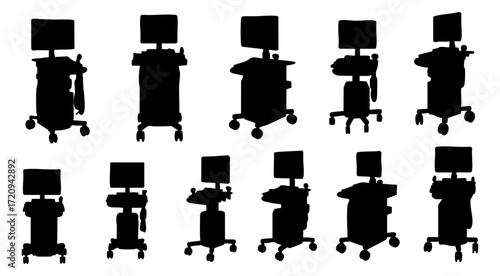 Silhouette Medical Anesthesia Machine with Monitor Equipment and Wheels Set Icons