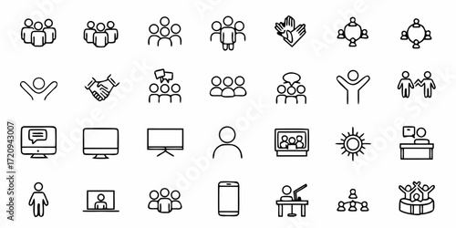 Modern business icons representing teamwork, communication, collaboration, and technology for professional presentations and digital designs