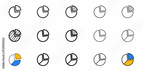 Hand-drawn pie chart icons illustrating data analysis, statistics, business reports, and financial presentations with diverse visual styles