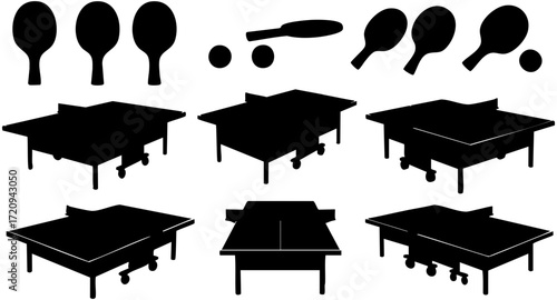 Simple Silhouette Ping Pong Table and Paddle Sport Game Element Set