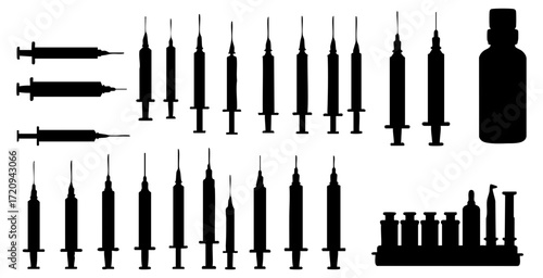 Minimalist Black Silhouette Syringe Set Collection on White Background Medical Equipment