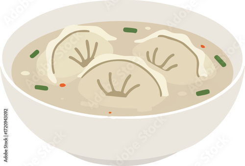 A close-up illustration of a bowl of soup with three dumplings floating inside.