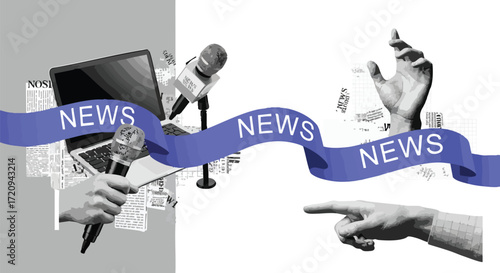 Collage depicting news gathering and dissemination, with microphones, a laptop, hands, and a ribbon with the word "NEWS" flowing through.