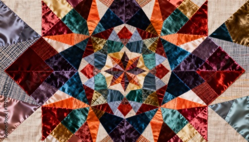 Colorful geometric silk quilt pattern, abstract kaleidoscope textile design