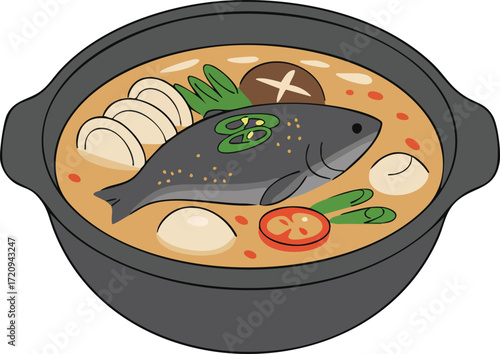 A vector illustration of a traditional Asian fish hot pot stew with various vegetables in a black bowl.