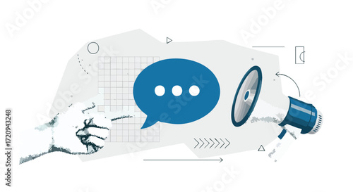 An abstract illustration depicting communication and public speaking, with a pointing hand, a speech bubble, and a megaphone against a geometric background.