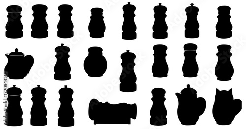 Simple Black Silhouette Variation Salt and Pepper Shakers and Teapots Isolated