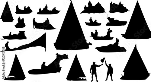 Black Silhouette Various Fishing Boat With Fisherman On Sea Scenery