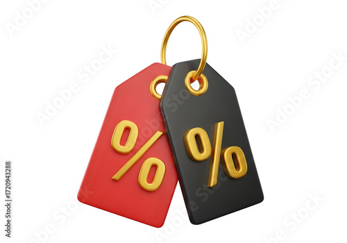Image of super premium transparent photo of two discount tags with percentage symbols, one red and one black, isolated on transparent background