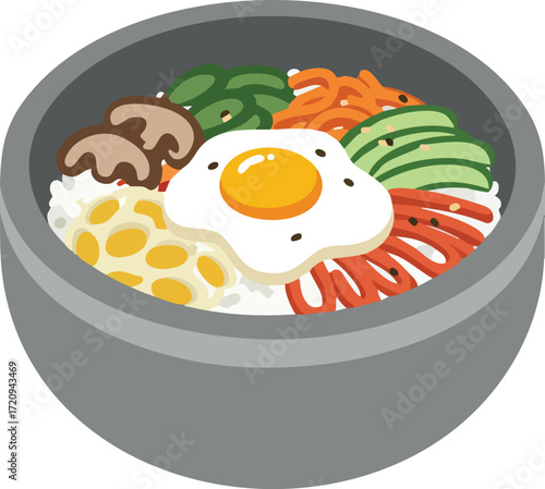 A colorful and delicious-looking bibimbap bowl, featuring rice, vegetables, mushrooms, egg, and other ingredients.