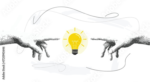 Artistic depiction of two hands nearly touching a glowing lightbulb, symbolizing an idea.