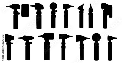 Silhouette Various Detailed Otoscope Instrument Equipment Ear Examination Tool Icon Set