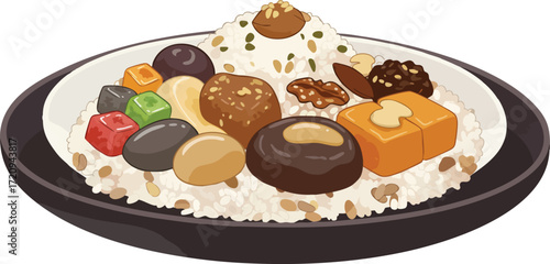 A plate of rice with various nuts, candied fruits, and sweets.