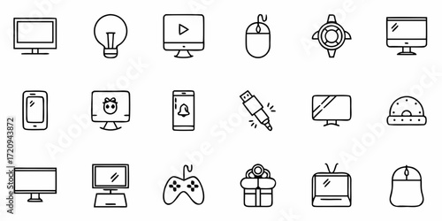 Collection of modern technology icons including computer monitors, smartphones, video game controllers and gift boxes, perfect for web design