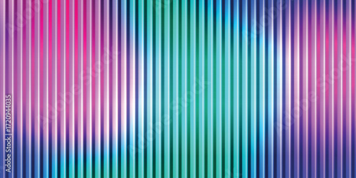 Trendy color horizontal background of ribbed glass effect. Iridescent plastic texture with striped overlay. Gradient banner with holographic texture. Vector illustration.