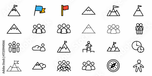 Teamwork and achievement icons representing goals, success, leadership, and time management for business and personal aspirations