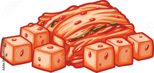 A vibrant illustration of kimchi with cubes of tofu.