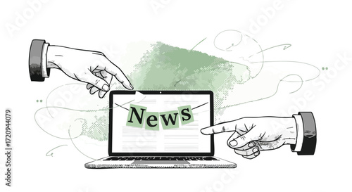 Two hands interacting with a laptop displaying the word "News" on its screen, symbolizing digital information sharing and communication.