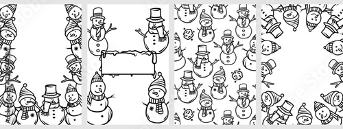 Set of backgrounds with snowmen on a white background, a winter vector illustration. Suitable for banners, postcards, surface textures, and albums.