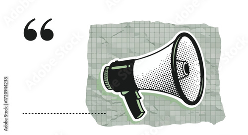 Dynamic megaphone announcement announcing important news, spreading messages, and capturing attention with bold graphic style and quote marks