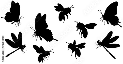 Flat Black Silhouette Group Insect Collection Butterfly Bee Dragonfly Illustration